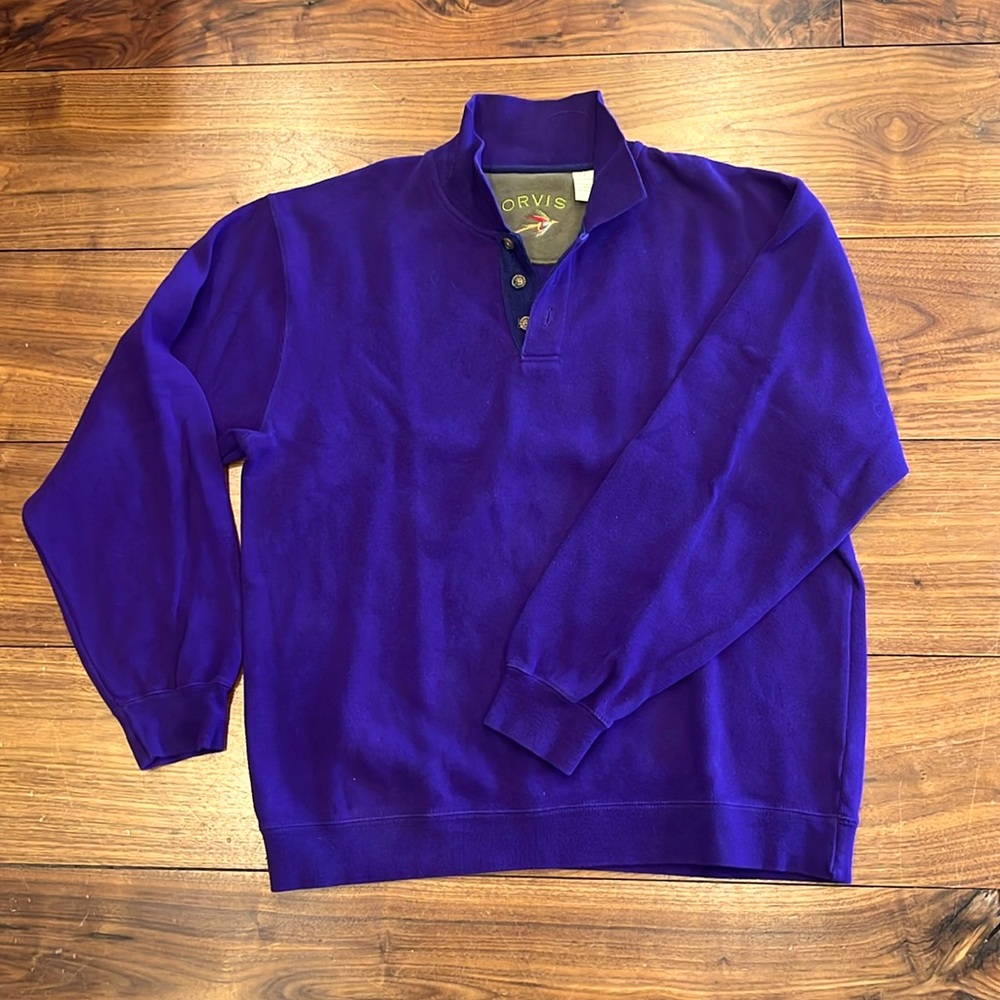 Orvis pullover M’s Large. Heavy cotton knit, button neck. Violet/blue,